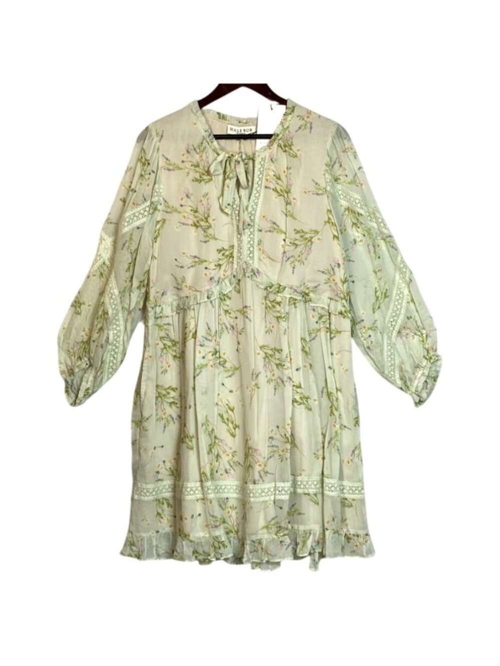 Hale Bob Los Angeles XL Mint Green Floral Boho Dress With Lace Trim Long Sleeves